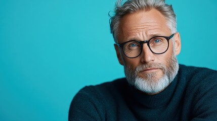 Fototapeta premium A thoughtful older man with glasses and a distinguished beard poses against a turquoise background, radiating wisdom, experience, and charisma.