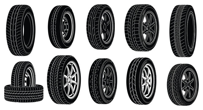 Car tires collection black and white silhouette on a white background