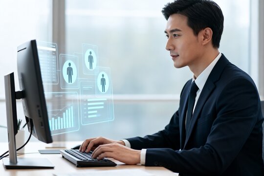 Businessman working on computer with data visuals