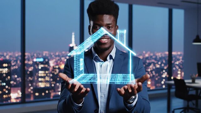 Businessman holding digital house projection in front of cityscape