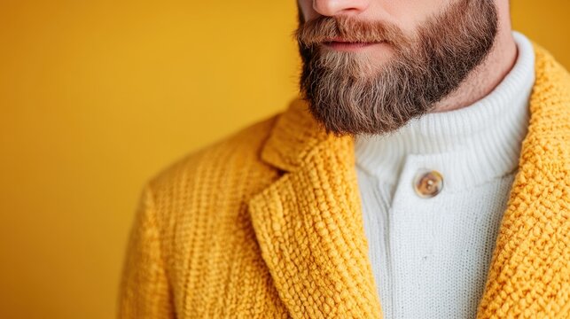 An elegant close-up of a man with a stylish beard, dressed in a vibrant yellow coat, showcasing modern fashion combined with a retro finish in a trendy setting.