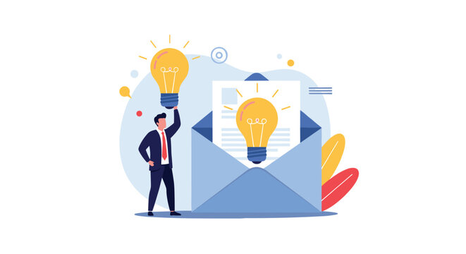 Businessman standing near large envelope sends or receives creative ideas symbolized by glowing yellow lightbulbs in flat vector style.