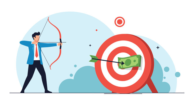 Professional archer aims bow at red bullseye target with green dollar bill in center representing accurate financial planning and goals.