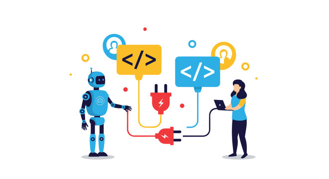 Human developer and smart robot connect power plugs while brainstorming software code together in modern tech collaboration concept.