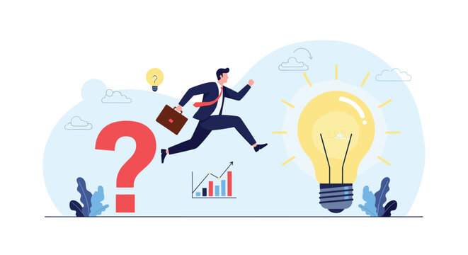Entrepreneur jumps over large red question mark towards giant glowing lightbulb representing overcoming business obstacles with innovation.