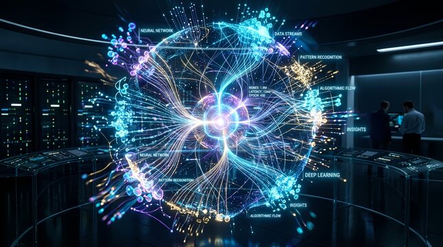 Futuristic digital representation of atomic energy and particle interaction in a high-tech laboratory.