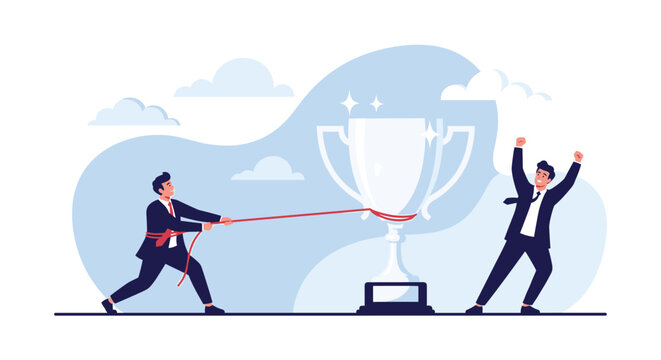 Two competitive business professionals engage in a tug of war struggle over a giant silver trophy to represent intense corporate rivalry.