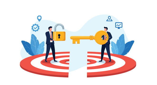 Two business partners stand on separate halves of a target holding a giant key and a padlock to unlock a shared strategic growth solution.