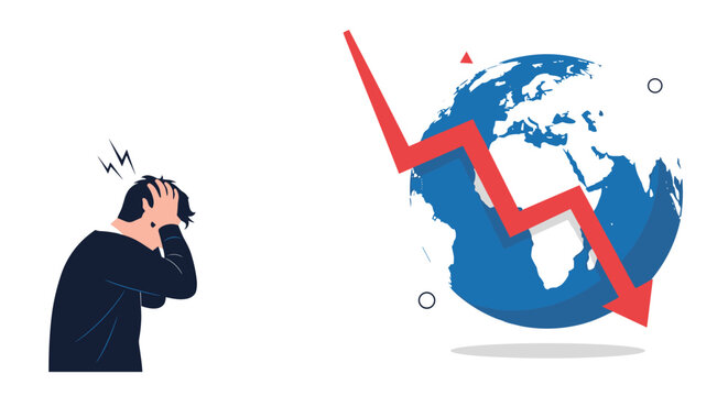 Stressed businessman covers head with hands next to world globe and falling red arrow showing global economic recession.