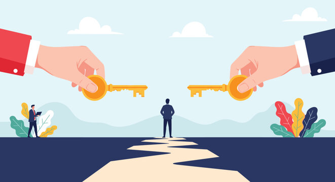Two giant hands hold golden keys over professional businessman standing at start of zigzagging path towards success.