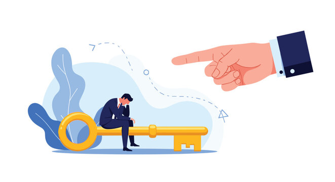 Sad businessman sitting on large golden key while giant hand points finger at him symbolizing blame or work pressure.