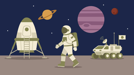 Astronaut explores alien planet with spaceship and rover, space mission © ColorAsia