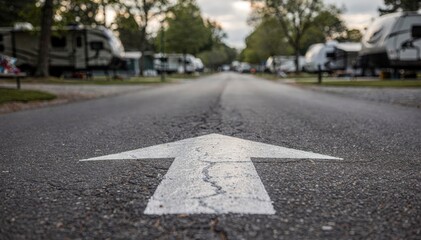 Fototapeta premium Medium shot capturing a oneway arrow sign on a paved campground road with the arrow sharply detailed and the surrounding camping spots out of focus.