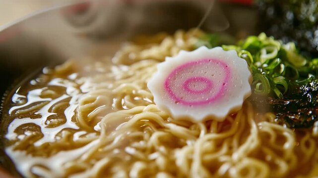 Steaming bowl of ramen with green onions, seaweed, and narutomaki in a cozy setting during lunchtime