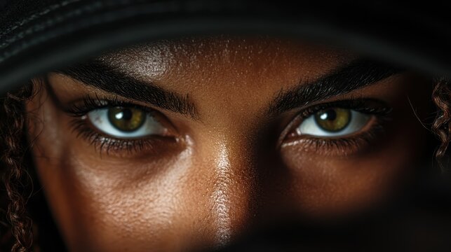 Close-up of a person's striking eyes underneath a hat, showcasing strong emotions and a captivating expression that draws the viewer into their soulful gaze.