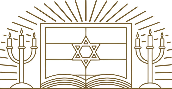 Line of star of david frame with candles and open torah scroll