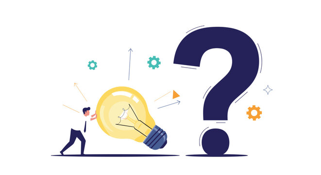 Problem solving and idea generation illustration features a worker pushing a lightbulb to clarify a giant question mark.