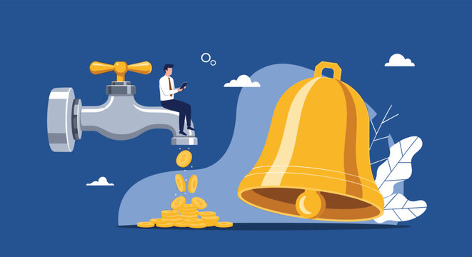 Passive income and financial alerts illustration depicts a man sitting on a faucet with gold coins flowing into a pile.