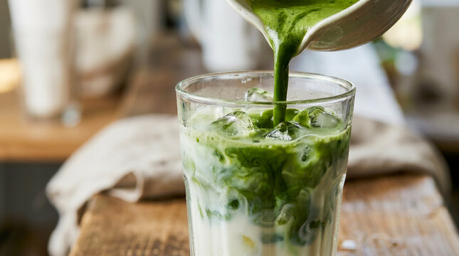 Vibrant green matcha is gracefully poured into a chilled glass of creamy milk and ice, creating a beautiful marbled swirl on a rustic wooden table.
