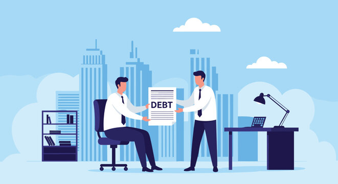 Corporate employees transfer large debt document in office setting representing management of liabilities and financial restructuring.
