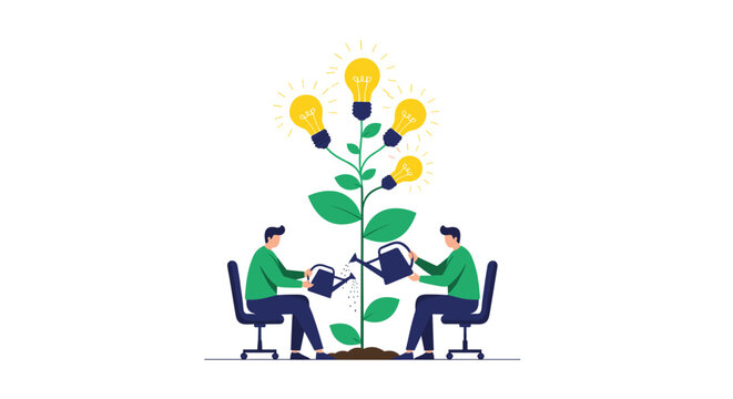Team of creative thinkers waters plant growing multiple glowing lightbulbs representing nurturing innovation and collective intelligence.