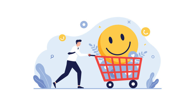 Happy businessman pushes shopping cart containing giant yellow smiley face representing customer satisfaction and buying happiness.