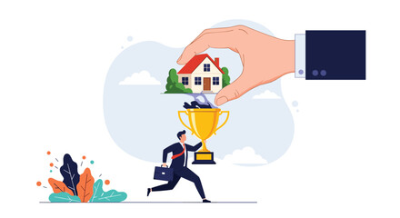 Fototapeta premium Successful businessman holding a large trophy while a giant hand places a house inside it representing high achievement in real estate sales.