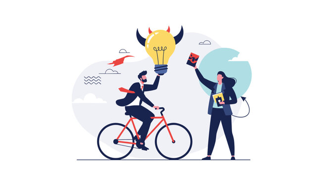 Businessman riding a bicycle while holding a light bulb with devil horns next to a woman holding books in a conceptual good versus evil scene.