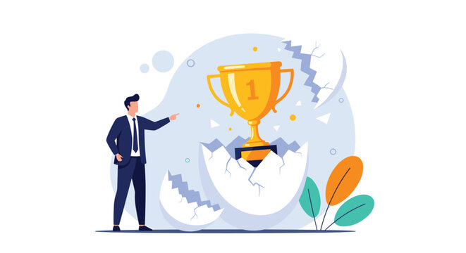 Proud businessman pointing at a gold trophy emerging from a cracked egg shell to represent the birth of a successful project or startup idea.