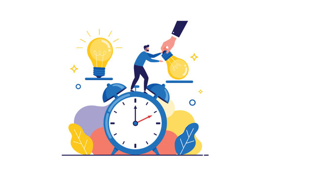 Man standing on top of an alarm clock taking a light bulb from a giant hand to represent changing ideas and effective time management skills.