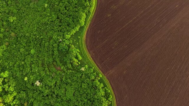 Green Forest and Arable Farmland Aerial View with Agriculture and Natural Landscape Contrast, Drone Perspective of Dark Soil and Woodland