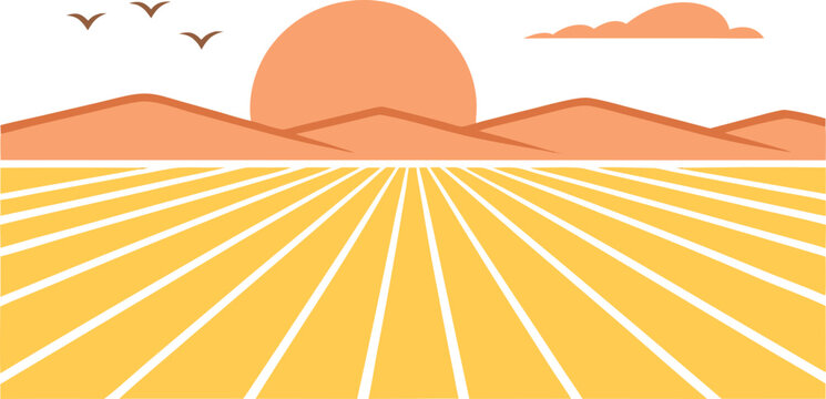 Golden field with rising sun and gentle hills