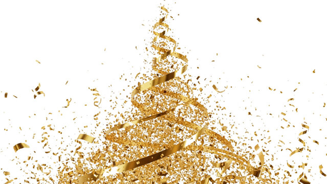 Gold metallic confetti and swirling ribbons forming a triangular tree shape isolated on a white background for festive celebrations and holiday party concepts