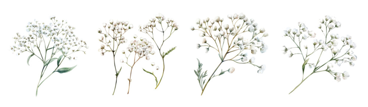 Set of baby's breath flower painting, Minimal yet artistic elements for creative designs. hand-drawn paint, Simple Illustration, EPS format, isolated on a white background