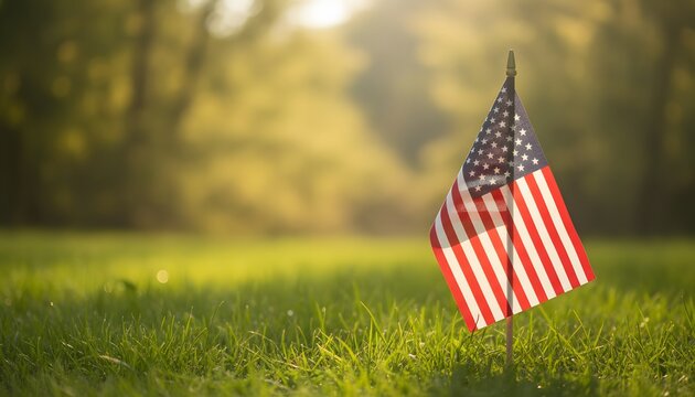 American Flag Standing Proud in a Grassy Field on Memorial Day
