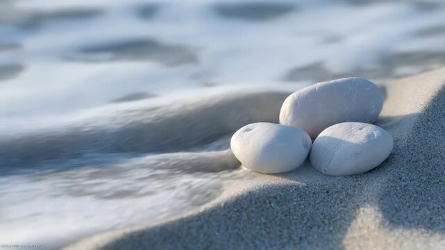 Serene beach scene with smooth white pebbles and gentle ocean waves