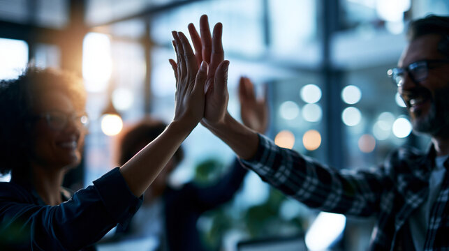 Cinematic wide view of softly silhouetted figures sharing high fives in a bright softly defocused modern office setting faceless silhouettes modern office daylight workspace