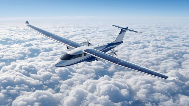Modern twin-engine airplane flying above the clouds in clear blue sky