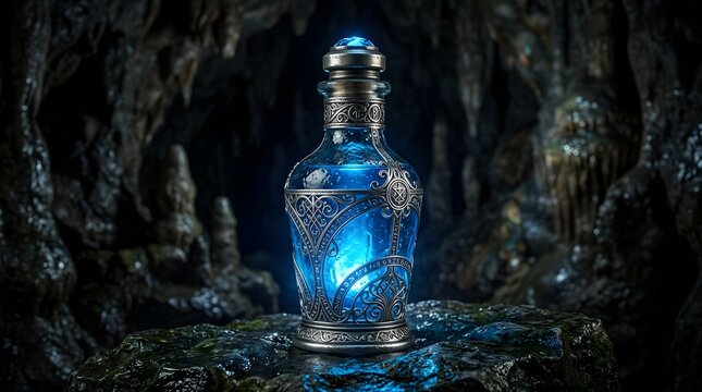 Mystical glowing potion bottle in dark enchanted cave setting