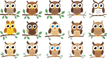 Obraz premium Cute Brown Cartoon Owl Collection Sitting on Green Leaf Branch with Big Eyes in Various Shades Vector Set