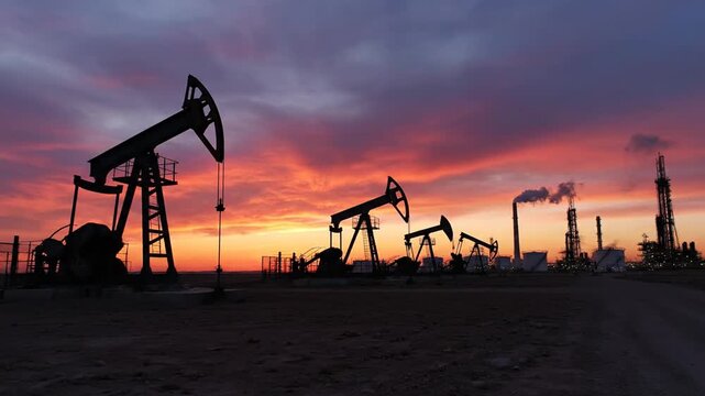 Oil pumps silhouetted against sunset sky showing industrial activity