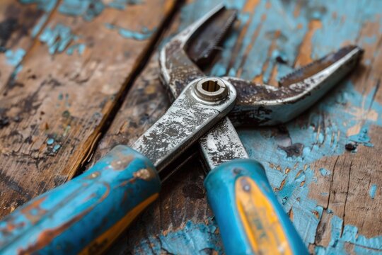 Vintage pliers resting on weathered wooden surface