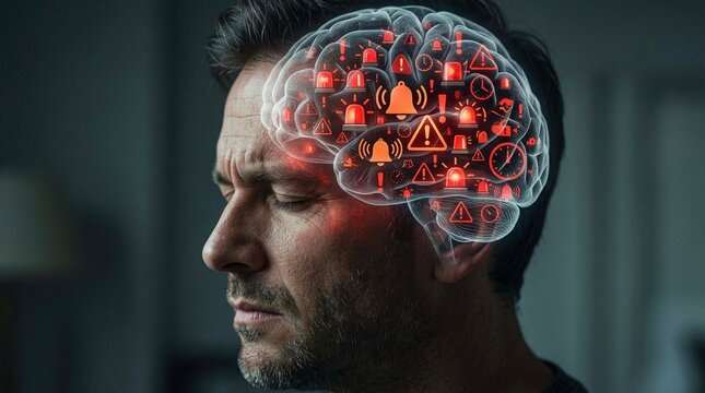 head filled with alarm icons representing constant stress and urgency, conceptual visual 