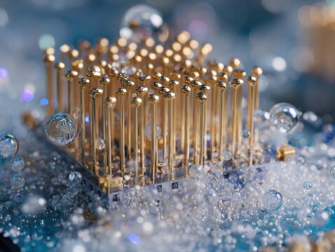 Quantum computing gold pins macro closeup on blue bokeh background