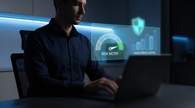 Businessman Managing Investment Risk with Holographic Interface: Safe Zone Risk Meter, Secure Capital Shield, and Financial Data Visualization