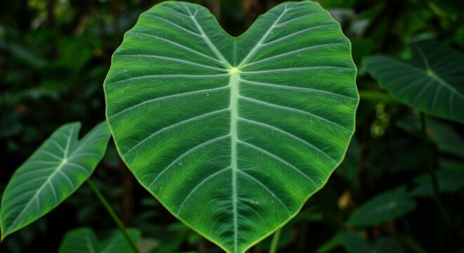 Close up of a large green heart shaped elephant ear leaf in a tropical garden