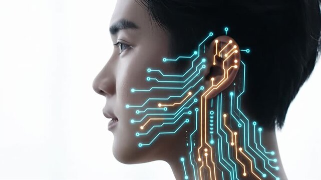Thoughtful young man's face with glowing tech elements
