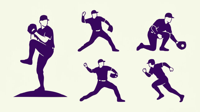 Baseball player silhouettes in various game actions, graphic vector illustration set