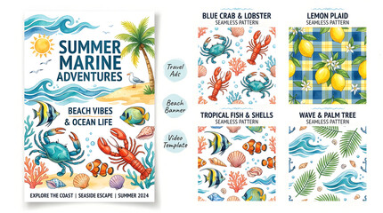 Fototapeta premium Marine Summer Adventures: A vibrant, watercolor-style illustration of a summer marine adventure, depicting tropical fish, seashells, and ocean life.