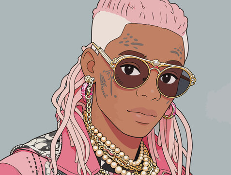 Stylized hip-hop character with pink dreadlocks and luxury accessories